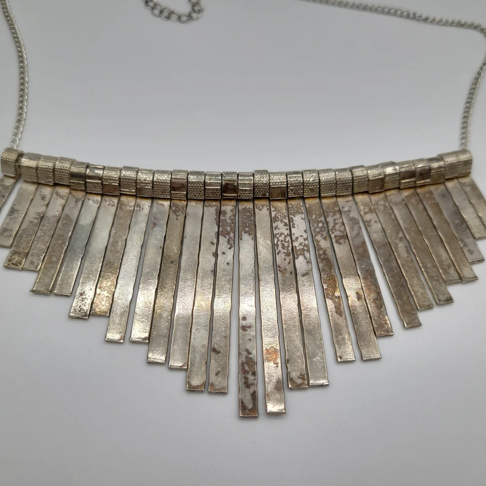 Vintage Silver Fringe Necklace Statement Bib Industrial Modern Patina - Picture 7 of 8